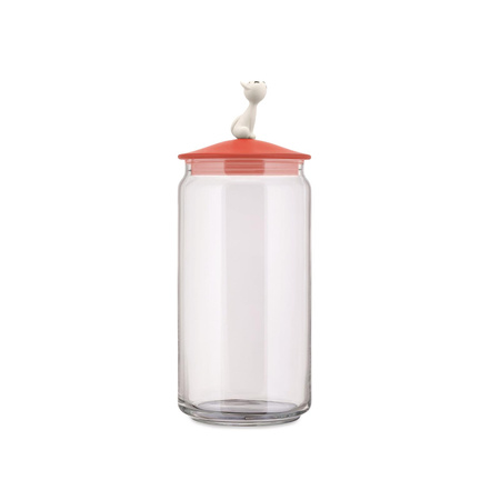 ALESSI cat jar with red lid, transparent